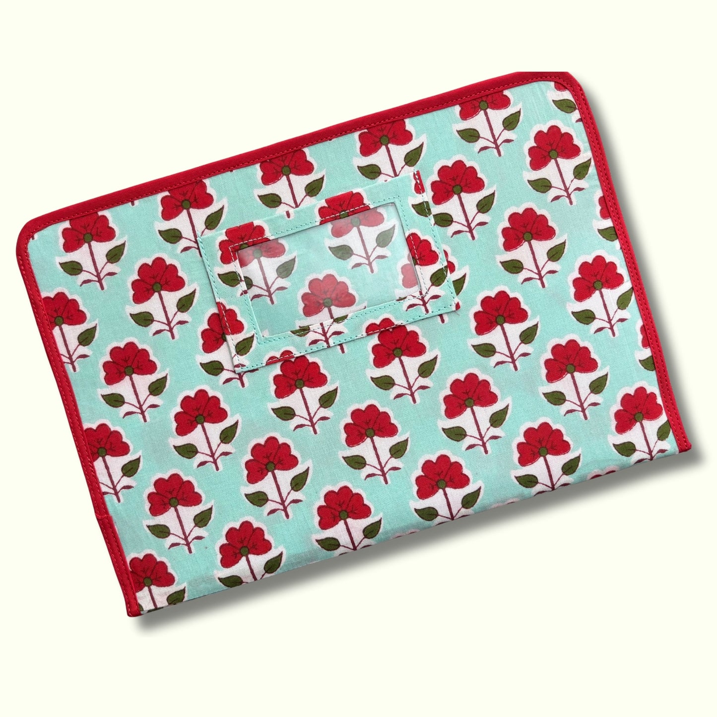 Red and Mint Floral Ministry Magazine Sleeve – Indian Block Print Floral Field Service Organizer (7.5” x 10.5”)