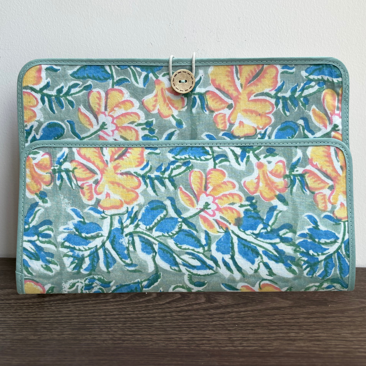 Maxi Cloth Folder for Field Service, Ministry Organizer Light Weight Indian Block Print Sage Yellow Florals