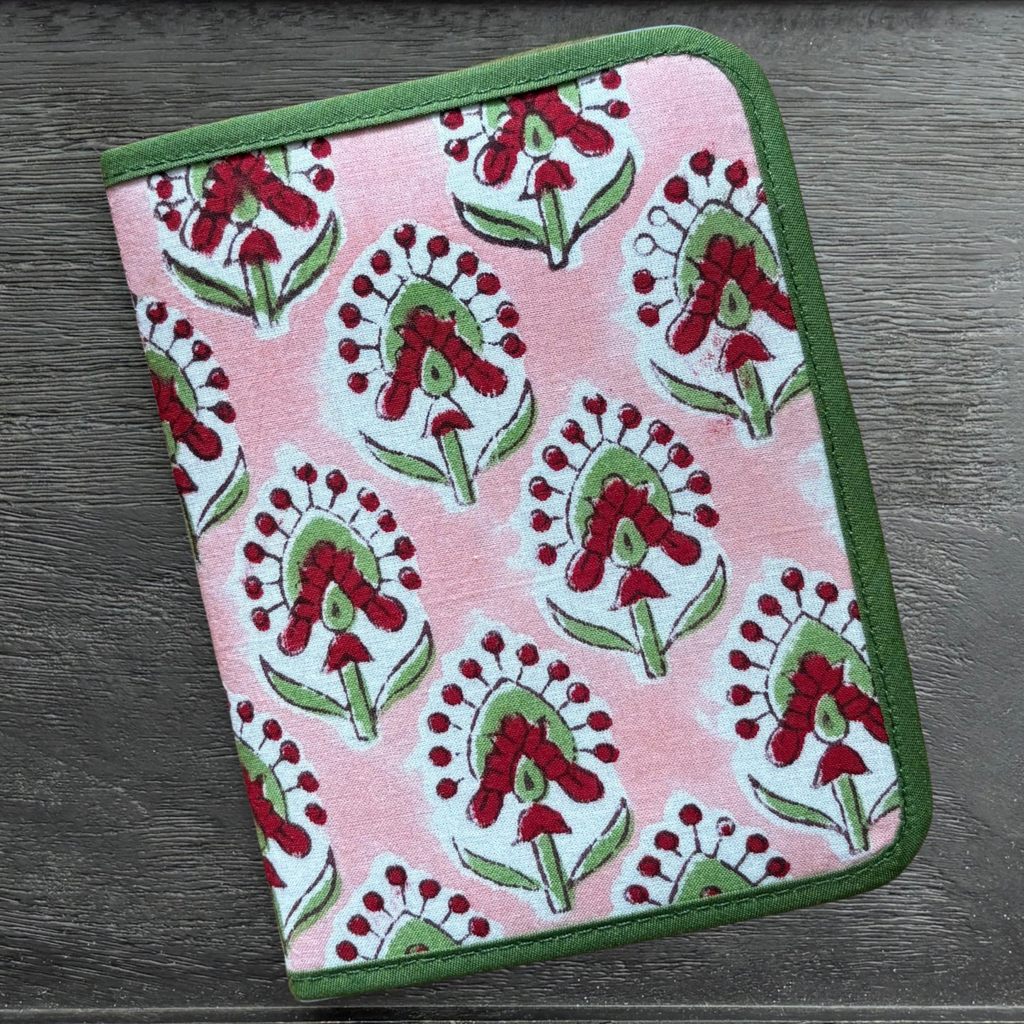 Green and Pink Indian Block Print Mini Ministry Organizer – Tract and Invitation Holder (4.4” x 5.8”)