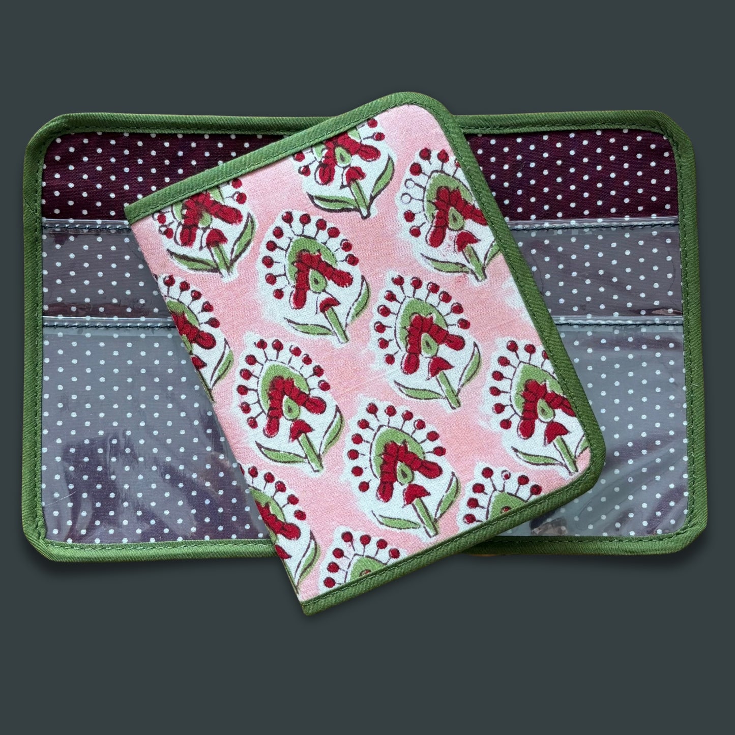 Green and Pink Indian Block Print Mini Ministry Organizer – Tract and Invitation Holder (4.4” x 5.8”)