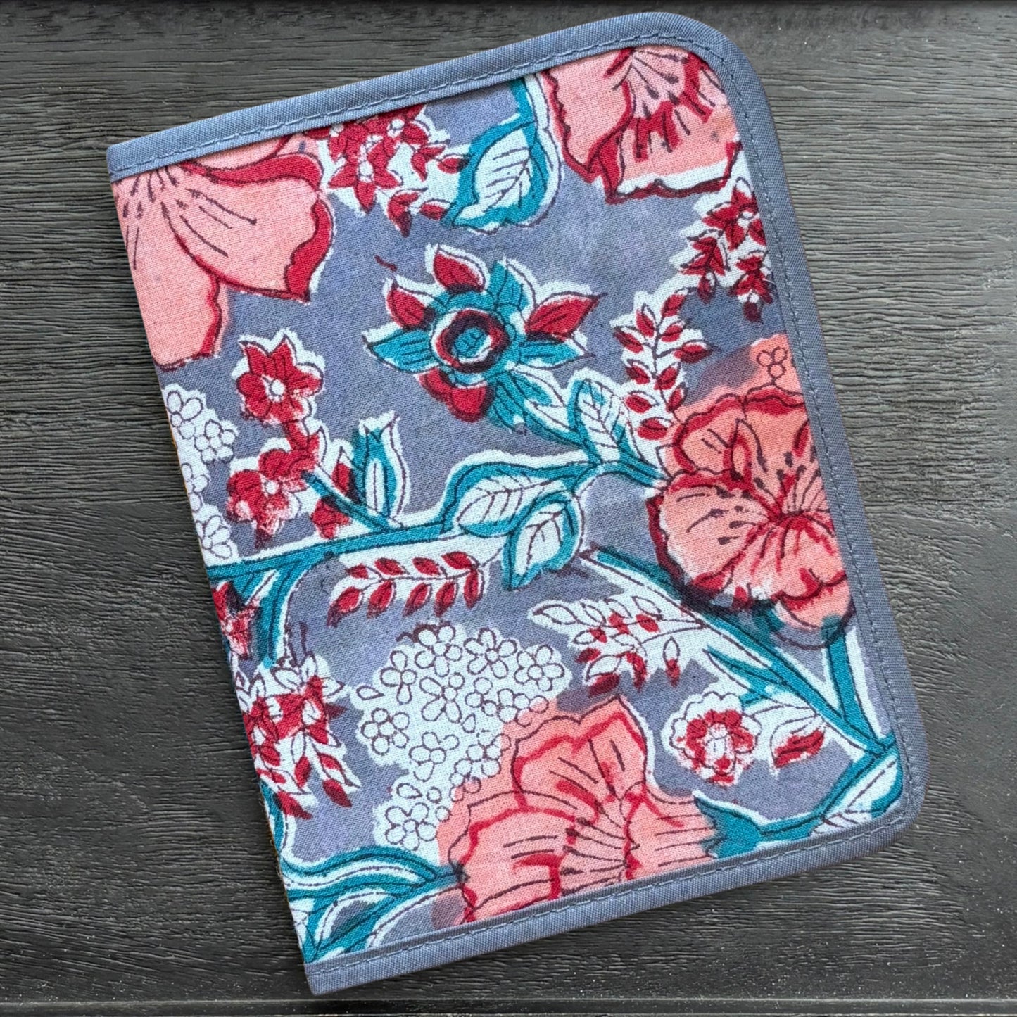 Gray and Pink Floral Indian Block Print Mini Ministry Organizer – Tract and Invitation Holder (4.4” x 5.8”)