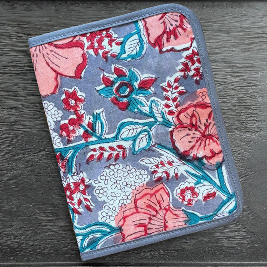 Gray and Pink Floral Indian Block Print Mini Ministry Organizer – Tract and Invitation Holder (4.4” x 5.8”)