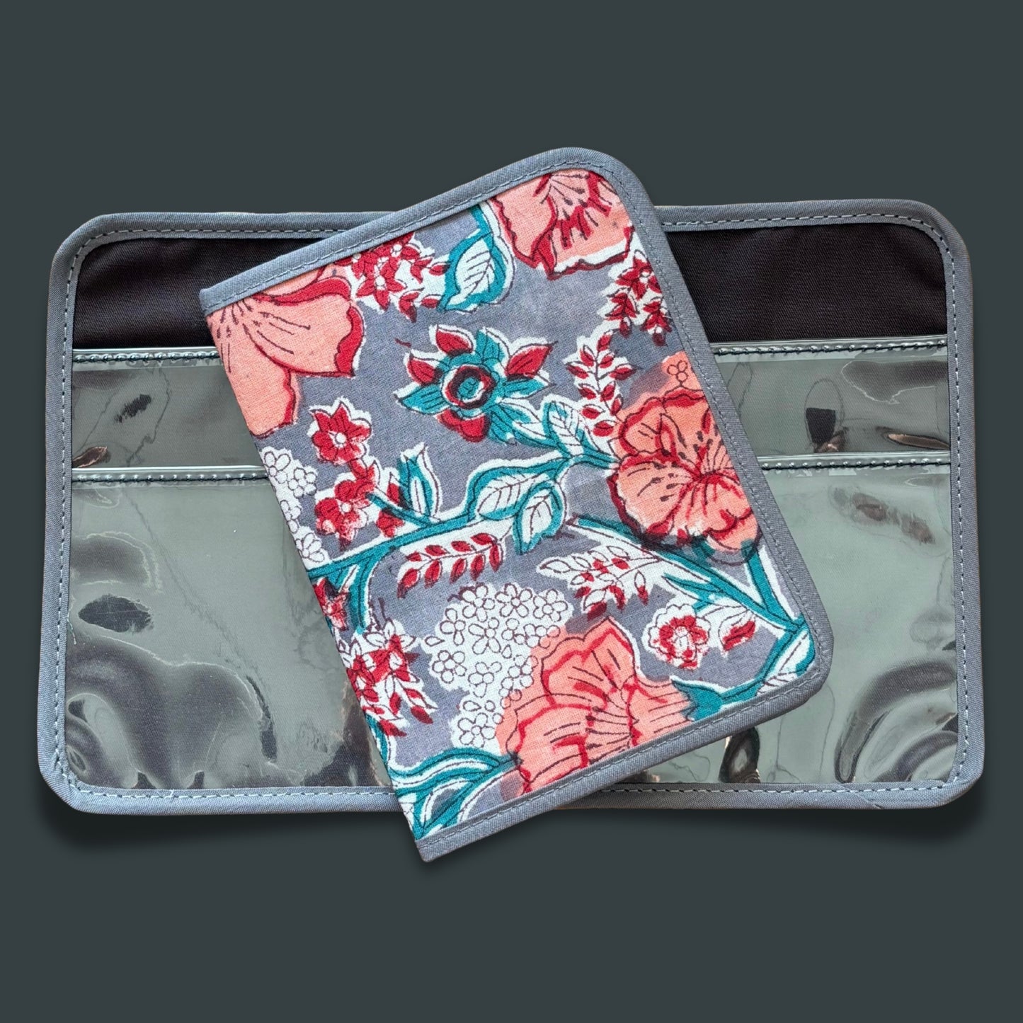 Gray and Pink Floral Indian Block Print Mini Ministry Organizer – Tract and Invitation Holder (4.4” x 5.8”)