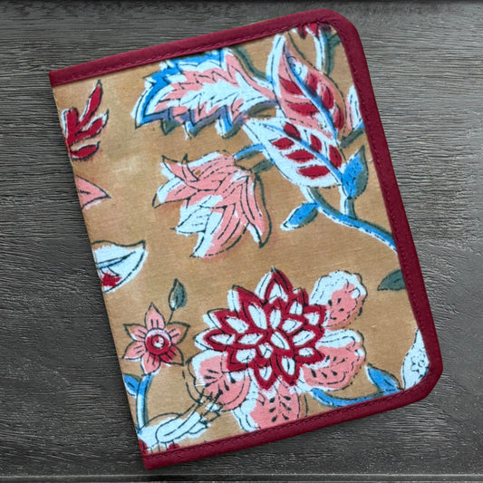 Mustard Burgundy Floral Indian Block Print Mini Ministry Organizer – Tract and Invitation Holder (4.4” x 5.8”)