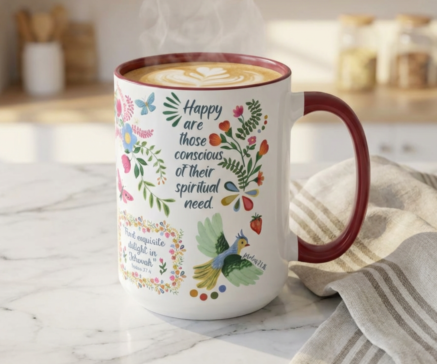 Floral Scripture Quote Mug with Encouraging Bible Verses, 11  15oz Coffee Cup with Accent Colors