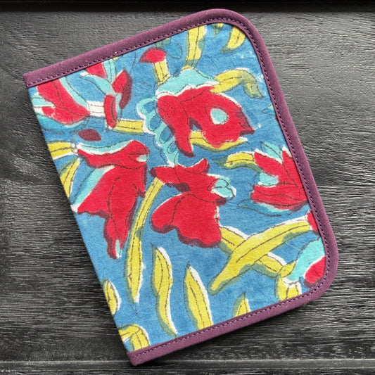 Blue and Dark Red Indian Block Print Mini Ministry Organizer – Tract and Invitation Holder (4.4” x 5.8”)