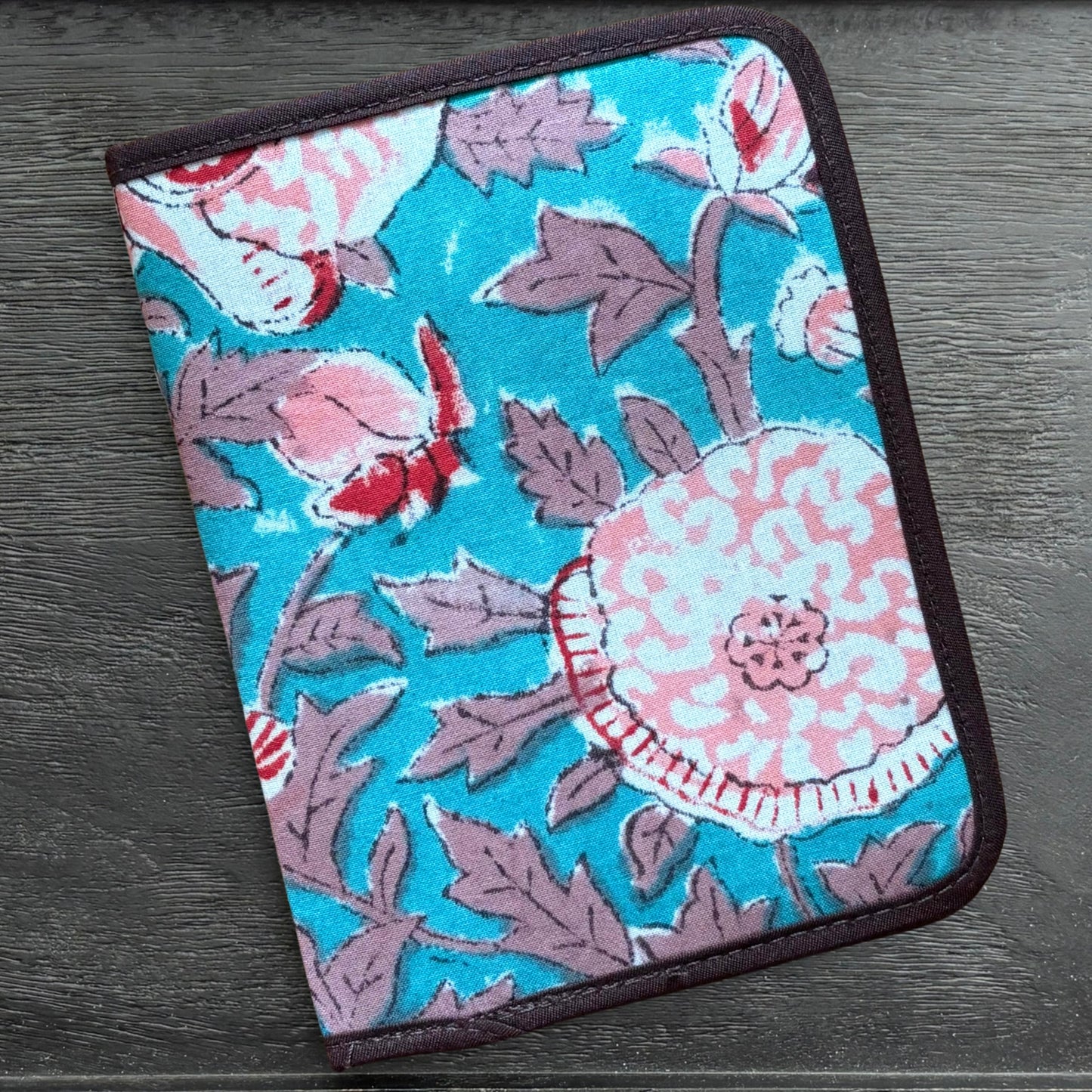 Turquoise Soft Pink Indian Block Print Floral Mini Ministry Organizer – Tract and Invitation Holder (4.4” x 5.8”)