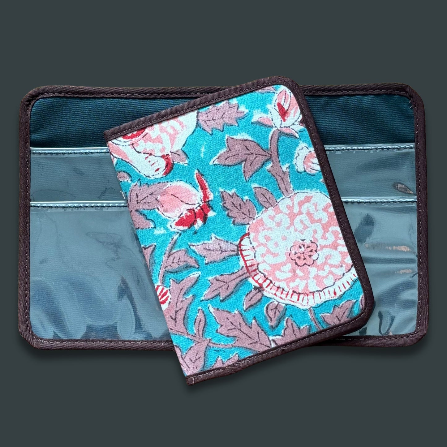 Turquoise Soft Pink Indian Block Print Floral Mini Ministry Organizer – Tract and Invitation Holder (4.4” x 5.8”)