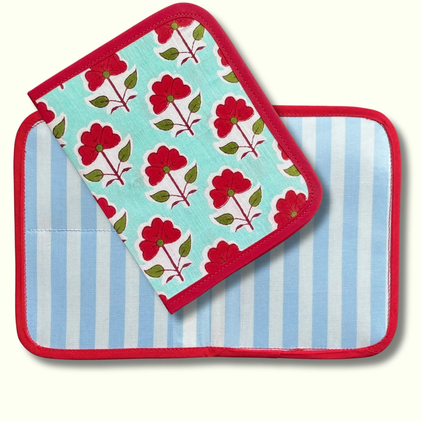 Mint and Red Indian Block Print Mini – Tract and Invitation Holder (3 Pockets)