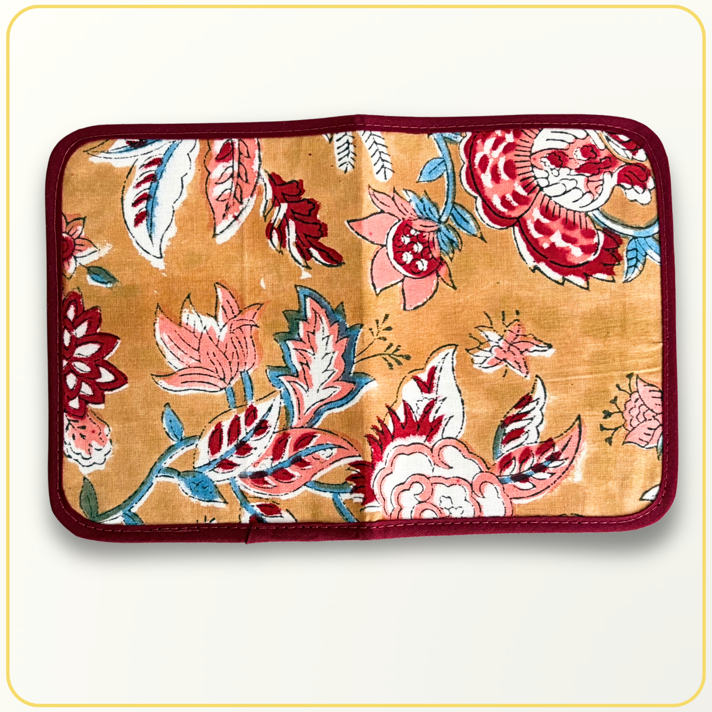 Cloth Pouch Mini Track Holder Mustard Burgundy Indian Block Print Mini