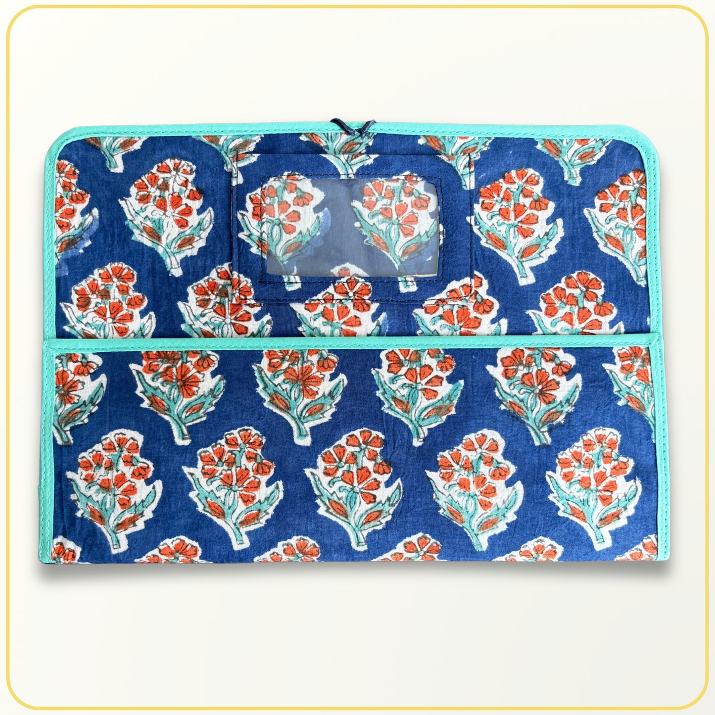 Maxi Cloth Folder for Field Service, Ministry Organizer Light Weight Indian Block Print Floral Red Navy Blue