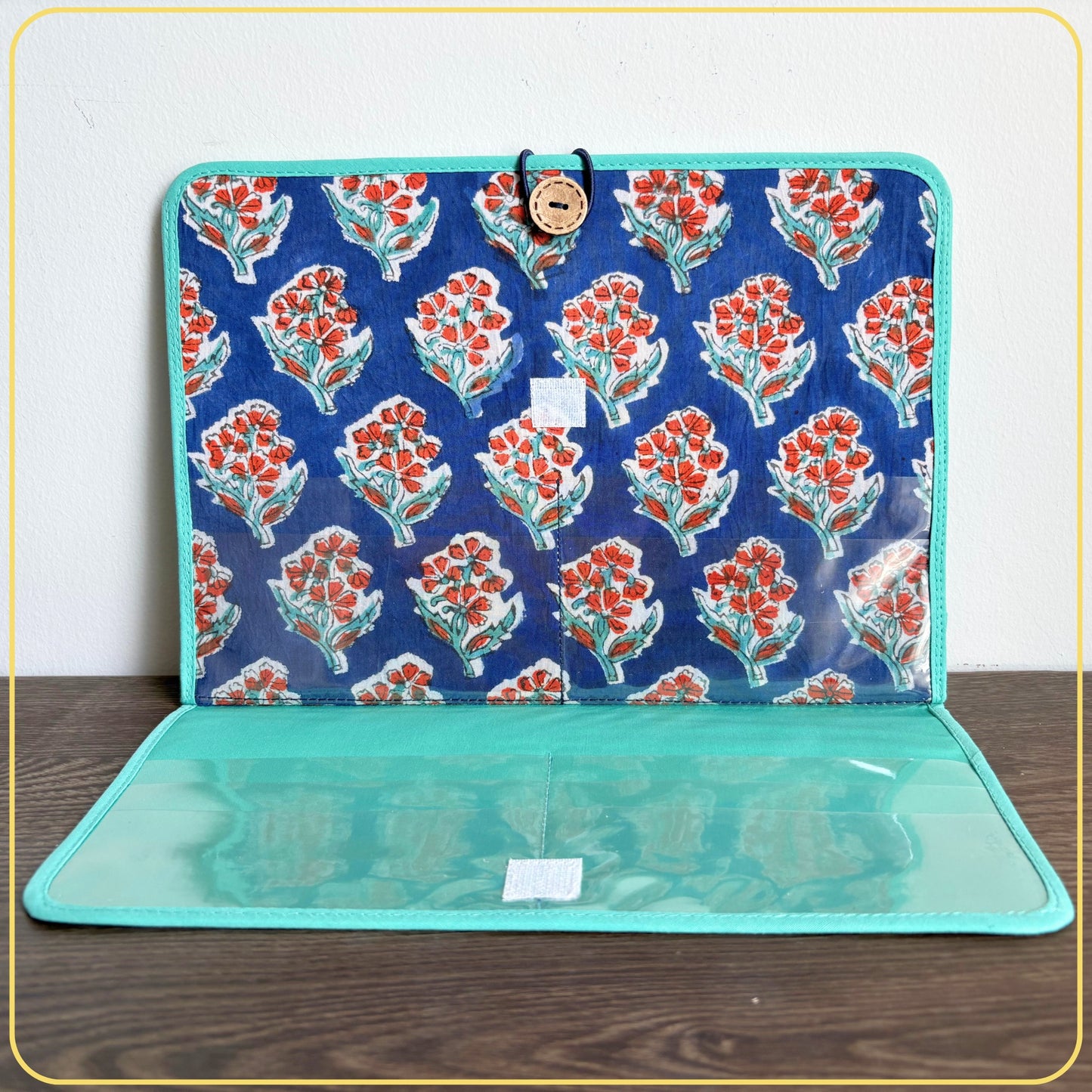 Maxi Cloth Folder for Field Service, Ministry Organizer Light Weight Indian Block Print Floral Red Navy Blue