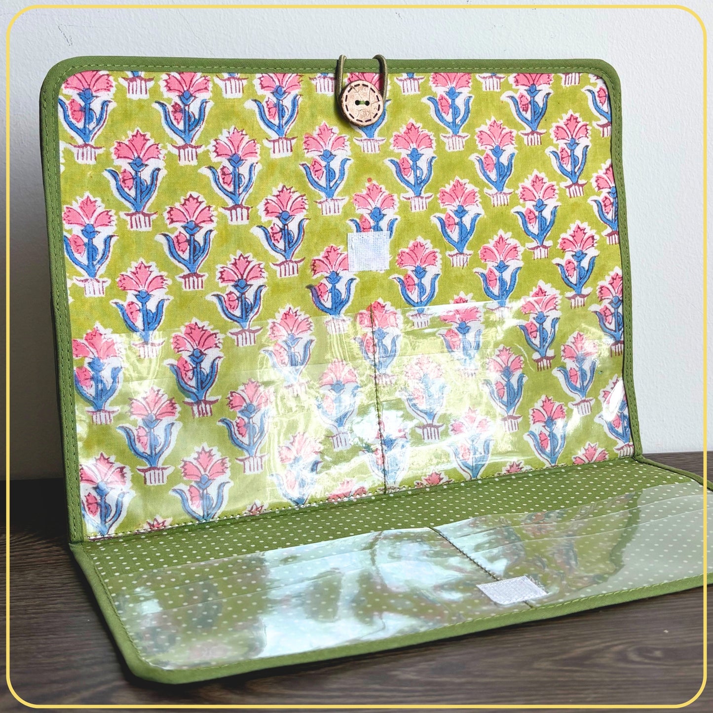Maxi Cloth Folder for Field Service, Ministry Organizer Light Weight Indian Block Print Small Floral Green Pink