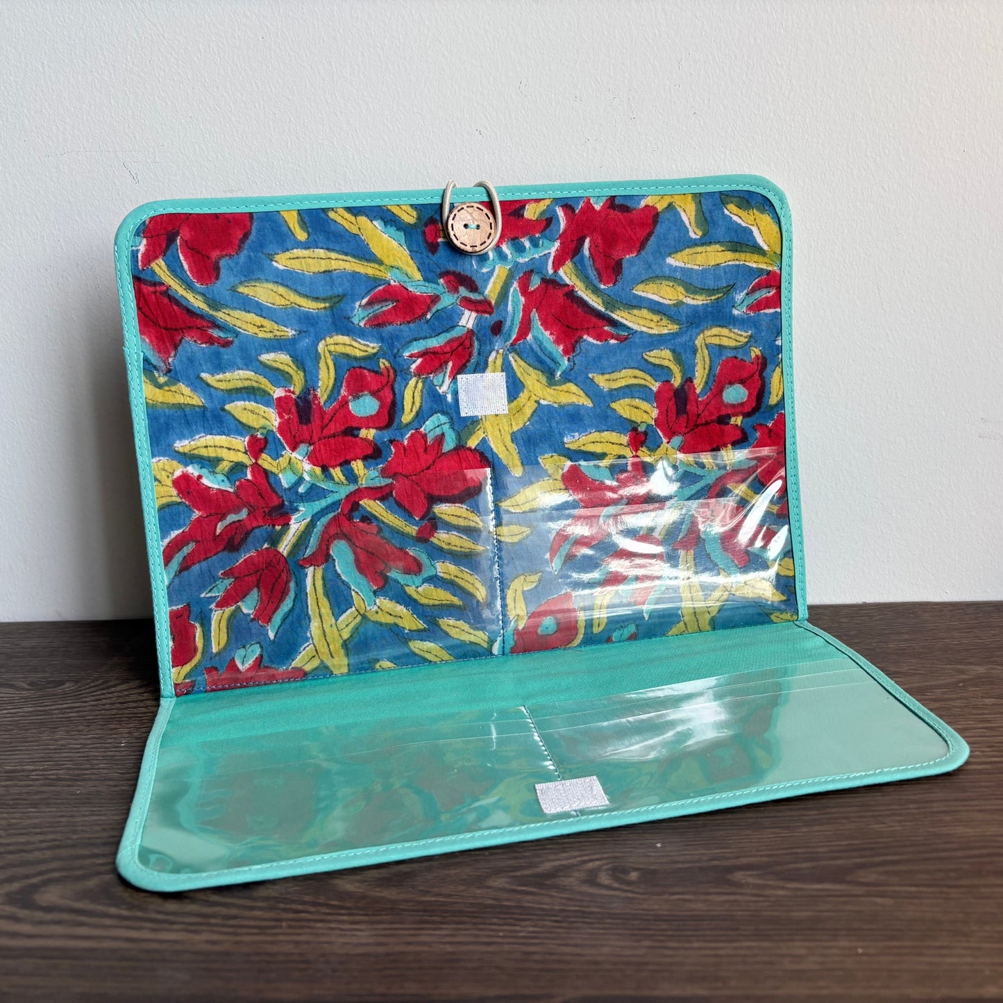 Maxi Cloth Folder for Field Service, Ministry Organizer Light Weight Teal Red Floral Indian Block Print