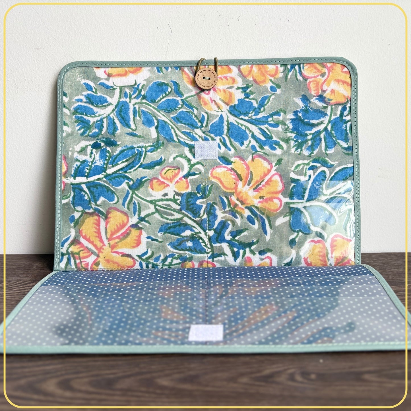 Maxi Cloth Folder for Field Service, Ministry Organizer Light Weight Indian Block Print Sage Yellow Florals