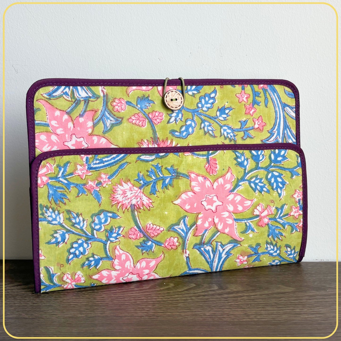 Maxi Cloth Folder for Field Service, Ministry Organizer Light Weight Indian Block Print Green and Pink