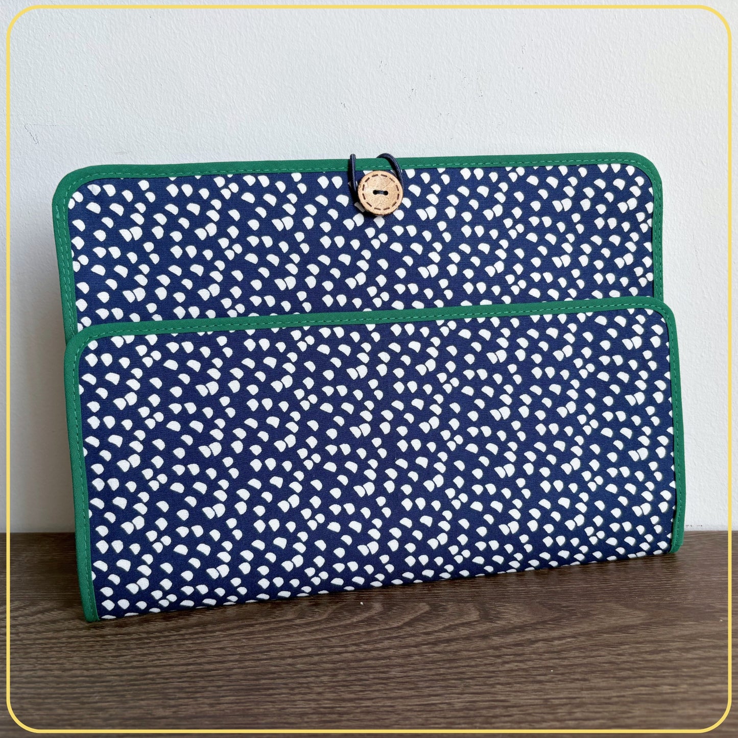 Maxi Cloth Folder for Field Service, Ministry Organizer Light Weight Navy Blue Green Dots