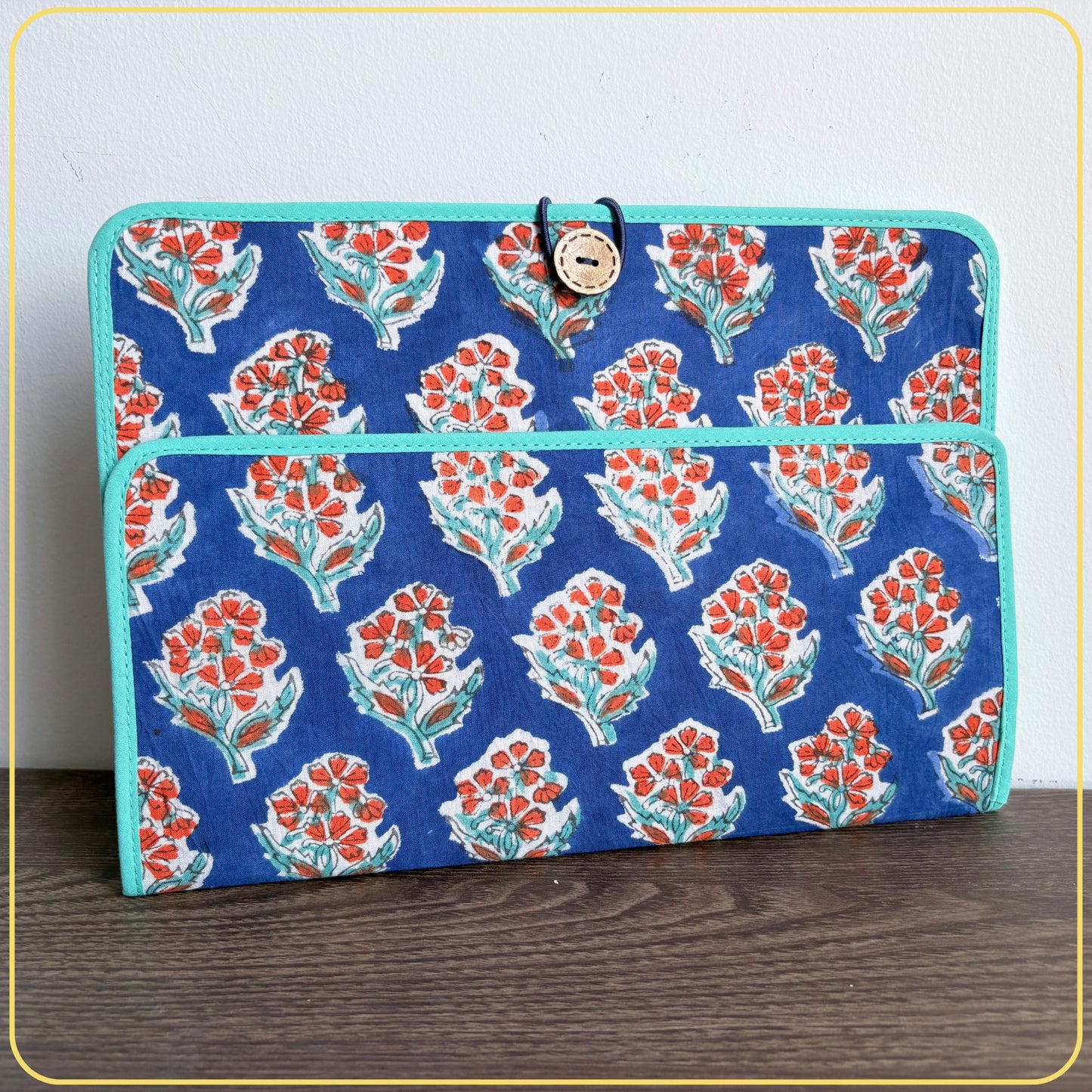 Maxi Cloth Folder for Field Service, Ministry Organizer Light Weight Indian Block Print Floral Red Navy Blue