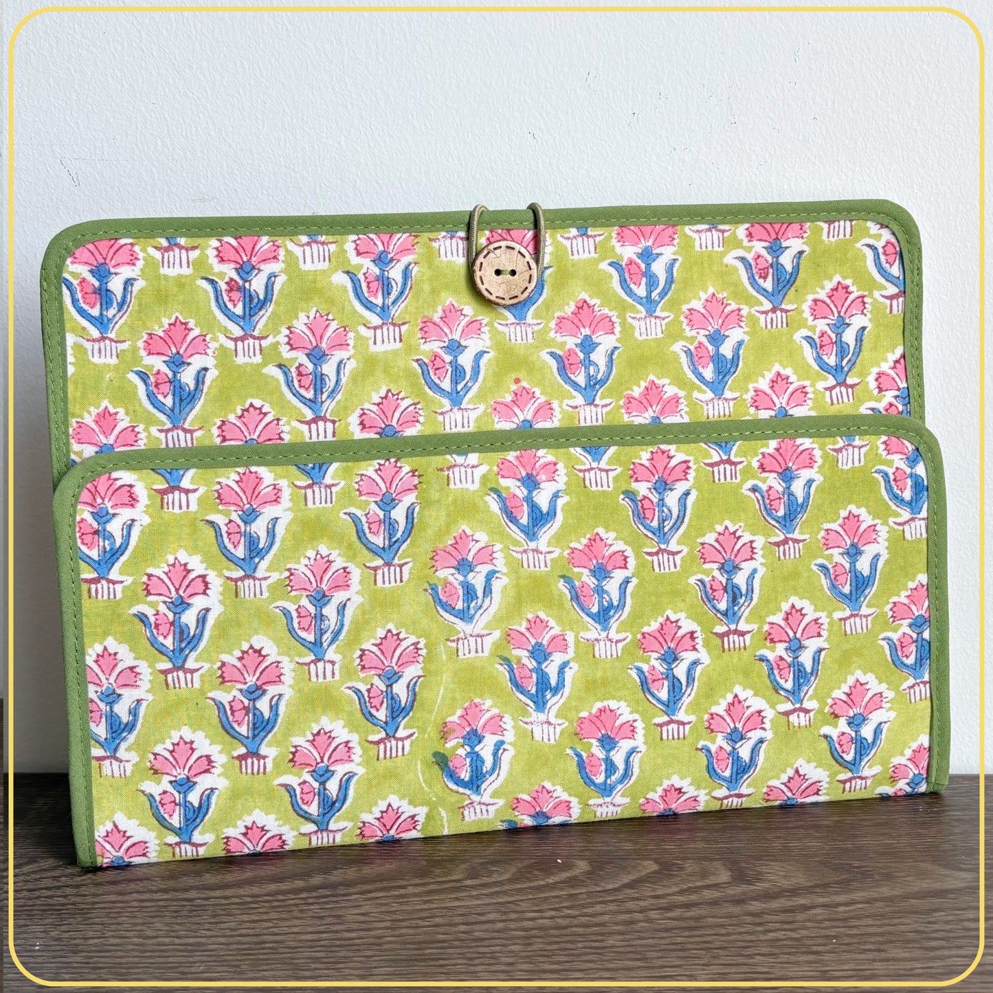 Maxi Cloth Folder for Field Service, Ministry Organizer Light Weight Indian Block Print Small Floral Green Pink