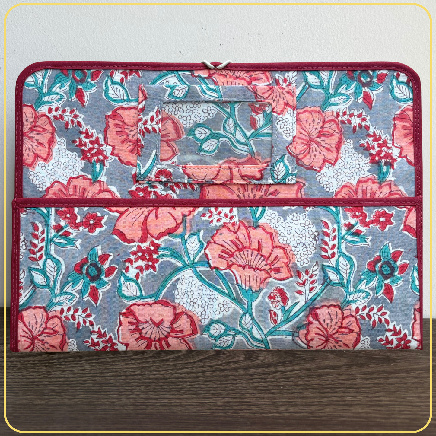 Maxi Cloth Folder for Field Service, Ministry Organizer Light Weight Indian Block Print Burgundy Grey Floral