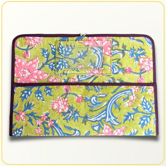Maxi Cloth Folder for Field Service, Ministry Organizer Light Weight Indian Block Print Green and Pink