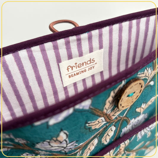 Maxi Cloth Folder for Field Service, Light Weight Ministry Organizer, Teal and Purple Indian Block Print