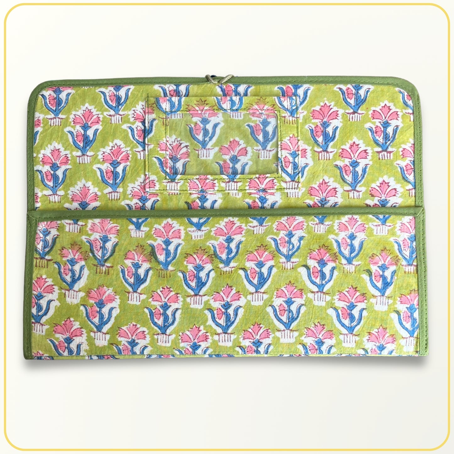 Maxi Cloth Folder for Field Service, Ministry Organizer Light Weight Indian Block Print Small Floral Green Pink