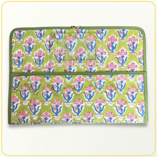 Maxi Cloth Folder for Field Service, Ministry Organizer Light Weight Indian Block Print Small Floral Green Pink