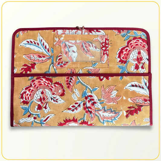 Maxi Cloth Folder for Field Service, Light Weight Ministry Organizer, Sand Blue and Red Indian Block Print