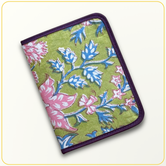 Cloth Pouch Mini JW Ministry Organizer, Tract and Invitation Holder, Indian Block Print Burgundy Light Green Yellow Floral