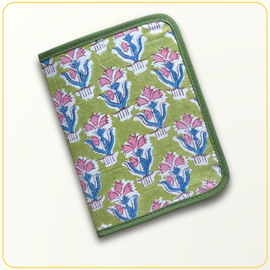 Cloth Pouch Mini JW Ministry Organizer, Tract and Invitation Holder, Indian Block Print Small Green Pink Floral