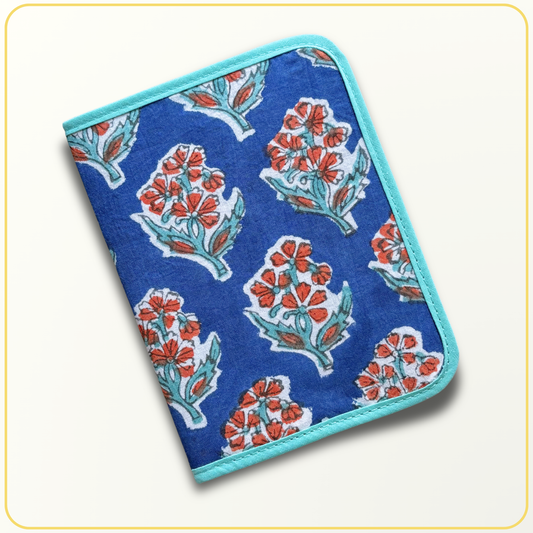 Cloth Pouch Mini JW Ministry Organizer, Tract and Invitation Holder, Indian Block Print Blue Orange Floral
