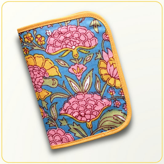 Cloth Pouch Mini JW tract organizer, JW Ministry Supply, Blue and Yellow Indian Block Print