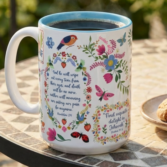 Decorative Bible Verse mug with floral designs and text on a table outdoors